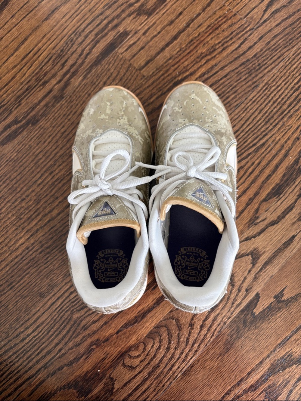 LeBron by Nike kids basketball Sneakers - White & Gold with a purple check.